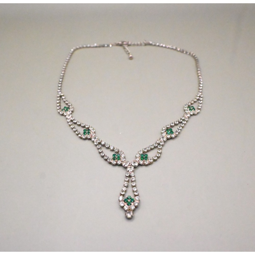 Vintage W Lind Signed Green Clear Rhinestone Necklace Silver Tone Lavalier